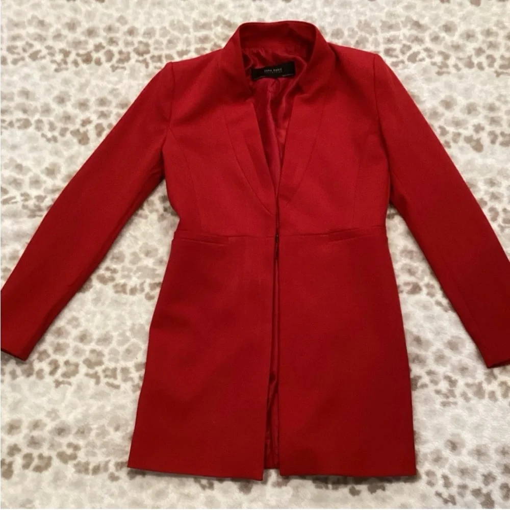 Zara Notched Collar Long Red Blazer Jacket Size: US M NWOT - Picture 4 of 7